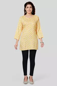 Yellow printed rayon short-kurtis