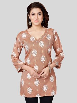 Brown printed rayon short-kurtis 1