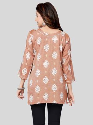 Brown printed rayon short-kurtis 2