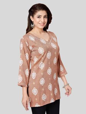 Brown printed rayon short-kurtis 3
