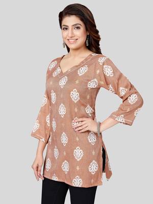Brown printed rayon short-kurtis 4