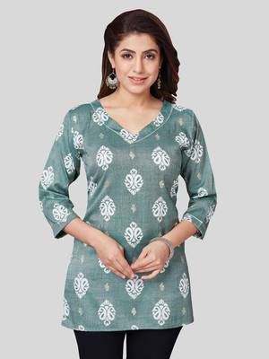Green printed rayon short-kurtis 1