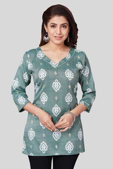 Green printed rayon short-kurtis