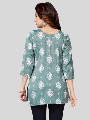 Green printed rayon short-kurtis 2