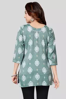 Green printed rayon short-kurtis