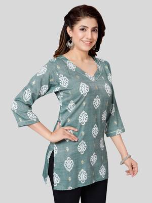 Green printed rayon short-kurtis 3