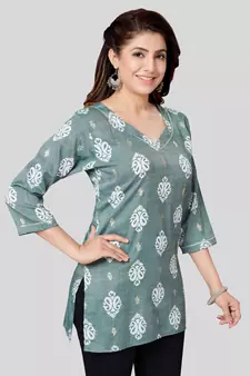 Green printed rayon short-kurtis