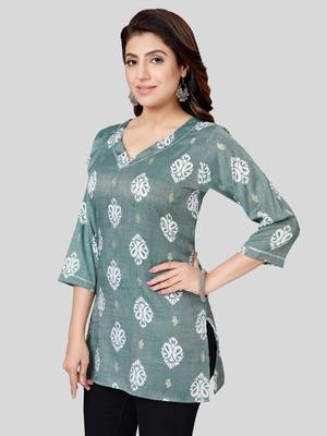 Green printed rayon short-kurtis 4
