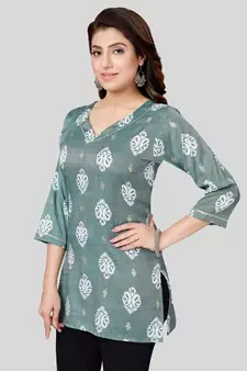 Green printed rayon short-kurtis