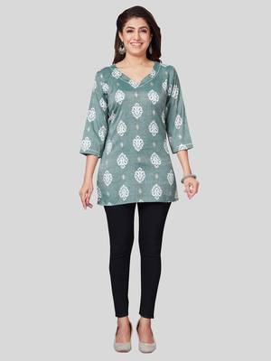 Green printed rayon short-kurtis 5