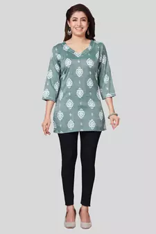 Green printed rayon short-kurtis