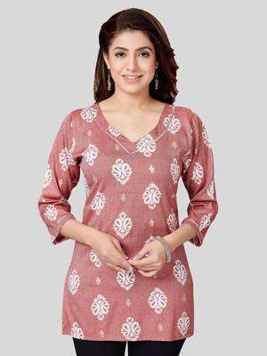 Pink printed rayon short-kurtis 1