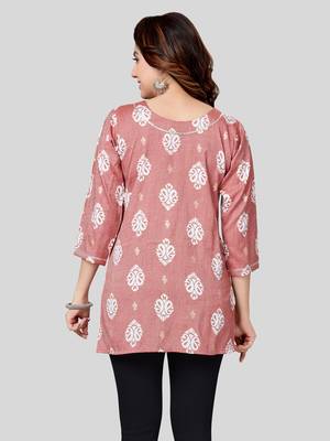Pink printed rayon short-kurtis 2