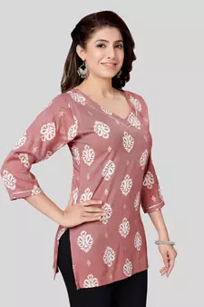 Pink printed rayon short-kurtis