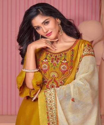 Yellow embroidery stitched churidar suits churidar salwar suits 2