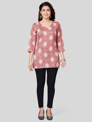 Pink printed rayon short-kurtis 5