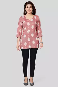 Pink printed rayon short-kurtis