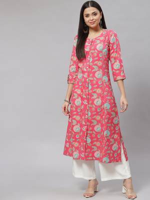 Divena Pink Floral Cotton Flex A-Line Kurta 1