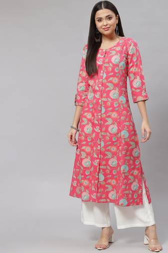 Divena Pink Floral Cotton Flex A-Line Kurta