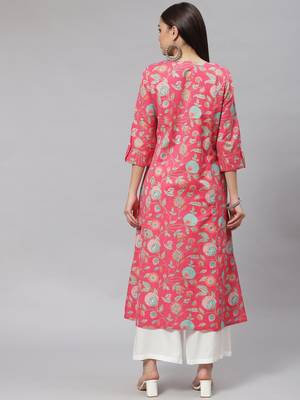 Divena Pink Floral Cotton Flex A-Line Kurta 2