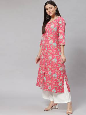 Divena Pink Floral Cotton Flex A-Line Kurta 3
