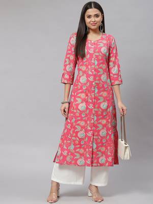 Divena Pink Floral Cotton Flex A-Line Kurta 5
