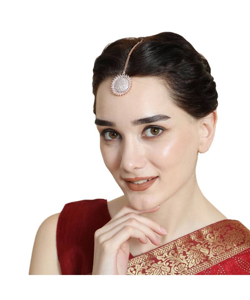 Rose Gold Plated American Diamond Sun shaped Studded Statement Maang-tikka