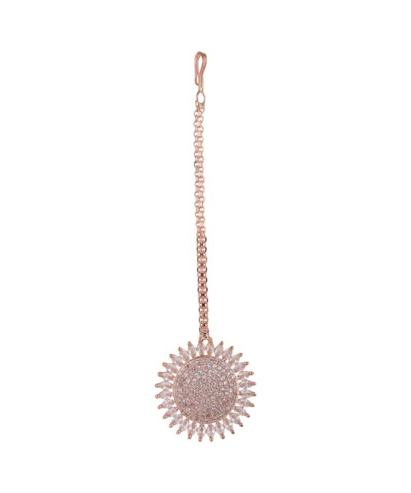 Rose Gold Plated American Diamond Sun shaped Studded Statement Maang-tikka
