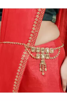 Traditional Gold Plated Floral Shaped Stone Studded Layers of hanging Chain Waist Band for Girls and Women
