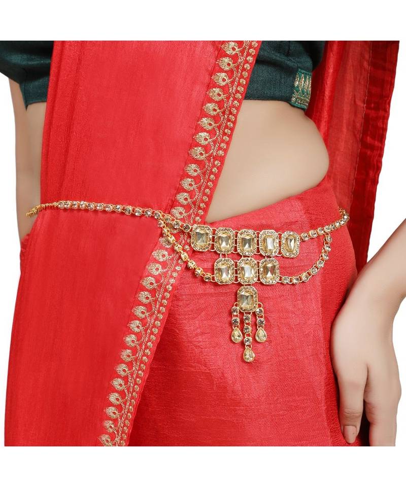 Traditional Gold Plated Floral Shaped Stone Studded Layers of hanging Chain Waist Band for Girls and Women
