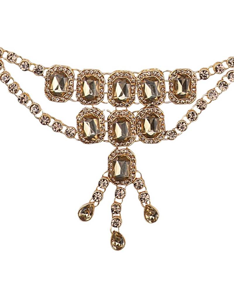 Traditional Gold Plated Floral Shaped Stone Studded Layers of hanging Chain Waist Band for Girls and Women