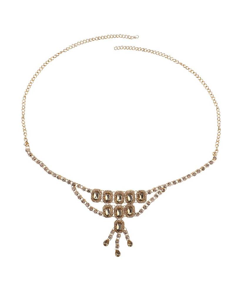 Traditional Gold Plated Floral Shaped Stone Studded Layers of hanging Chain Waist Band for Girls and Women