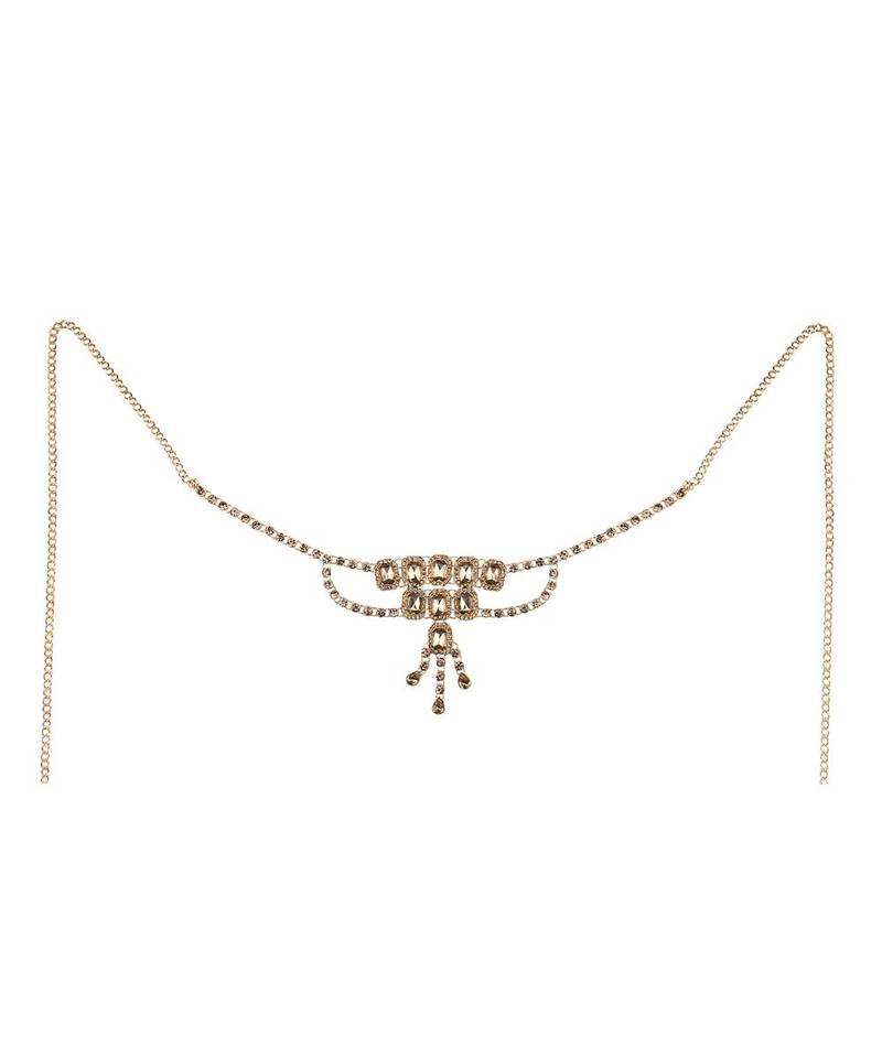 Traditional Gold Plated Floral Shaped Stone Studded Layers of hanging Chain Waist Band for Girls and Women
