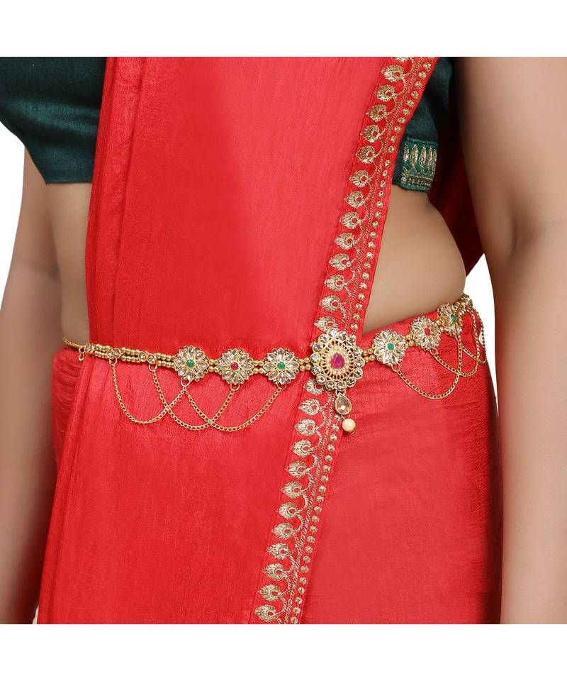 Traditional Gold plated Stone Studded with Layers of Pearl hanging Statement Waist Band for Girls and Women