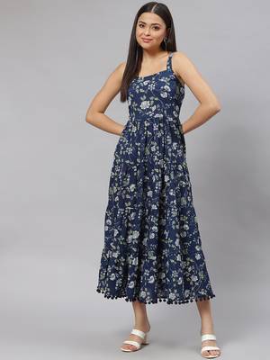 Blue printed cotton long-dresses 1