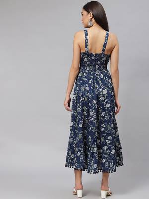Blue printed cotton long-dresses 2