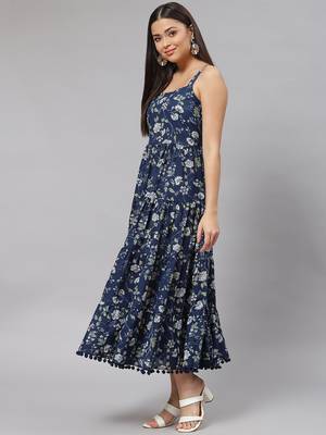 Blue printed cotton long-dresses 3