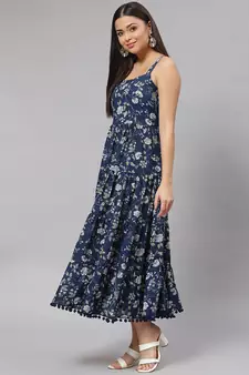 Blue printed cotton long-dresses