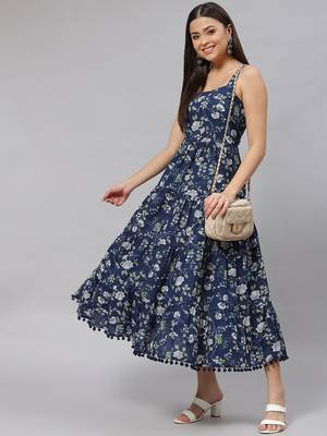 Blue printed cotton long-dresses 5