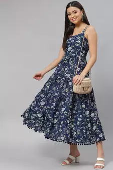 Blue printed cotton long-dresses