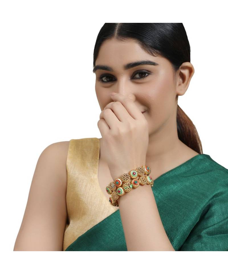 Gold Plated Enameled Stone Studded Statement Bangles for Girls and Women