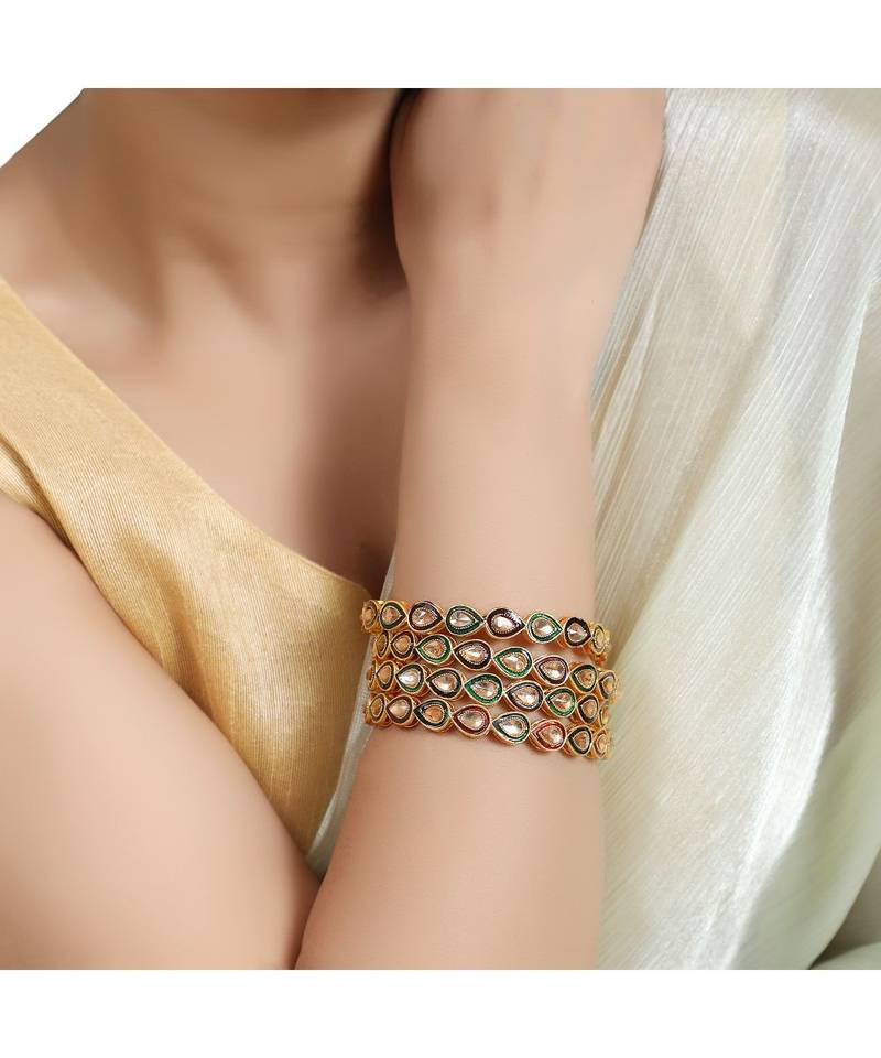 Gold Plated Kundan Studded Set of 4 Bangles for Girls and Women