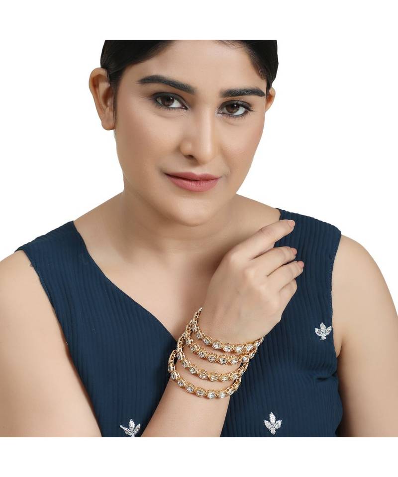 Gold Plated White Stone Studded Set of 4 Bangles for Girls and Women