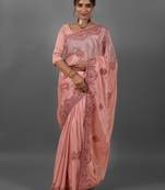 Pink embroidered satin saree with blouse