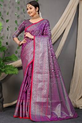 Violet woven pure silk saree with blouse 1