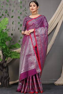 Violet woven pure silk saree with blouse 2