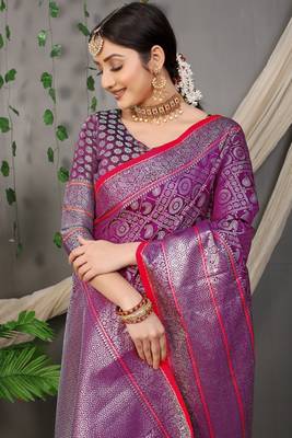 Violet woven pure silk saree with blouse 3