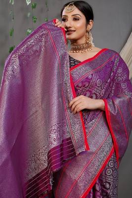 Violet woven pure silk saree with blouse 4