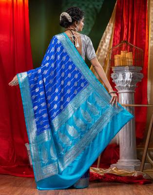 HOUSE OF BEGUMs Katan Silk Royal Blue With Silver Zari Work with Blouse Piece 2