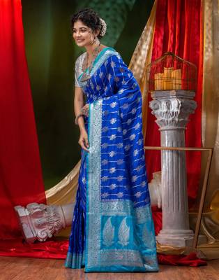HOUSE OF BEGUMs Katan Silk Royal Blue With Silver Zari Work with Blouse Piece 3